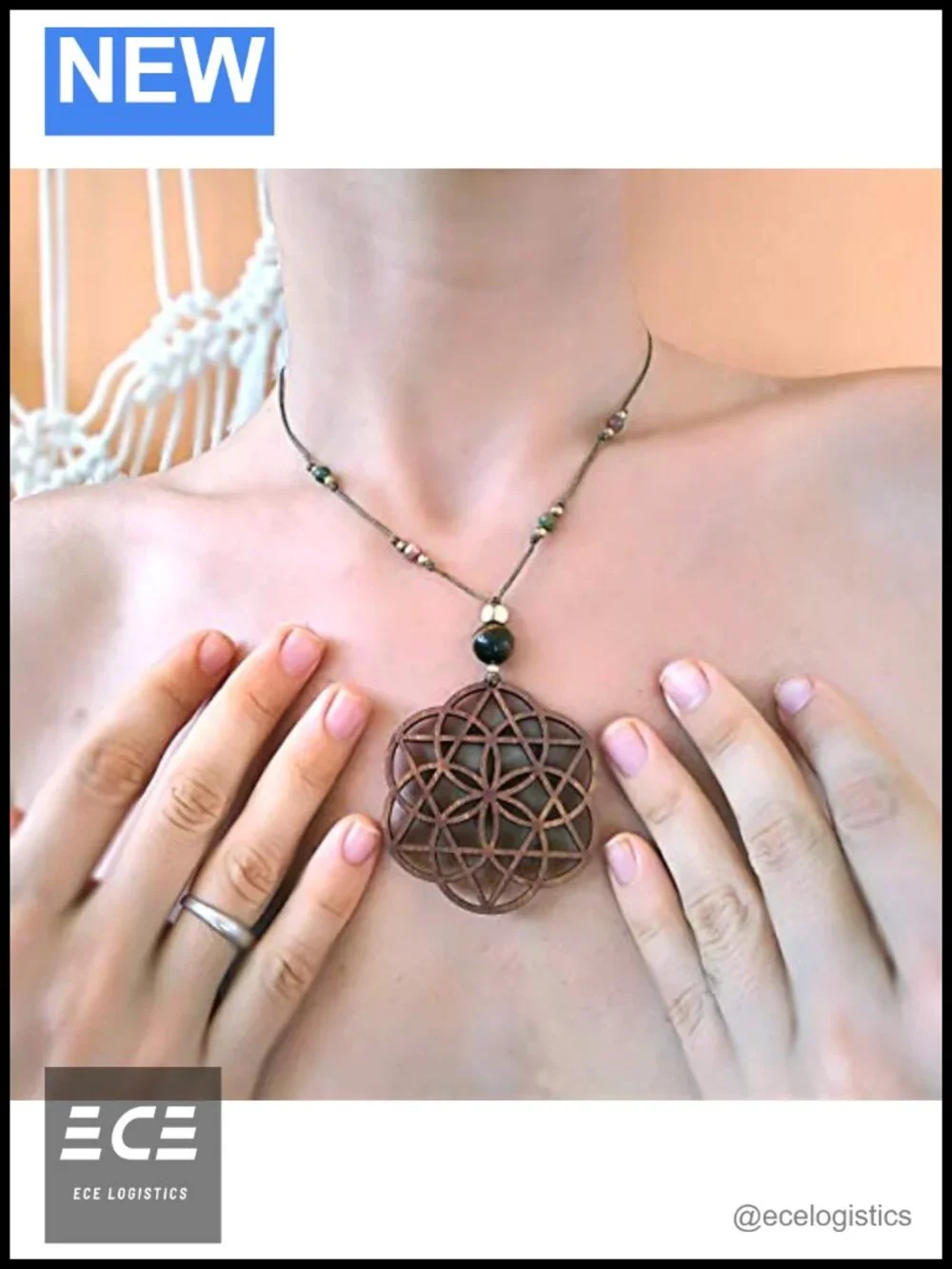 Handmade Boho Wood Pendant Necklace Seed of Life Sacred Geometry Macrame